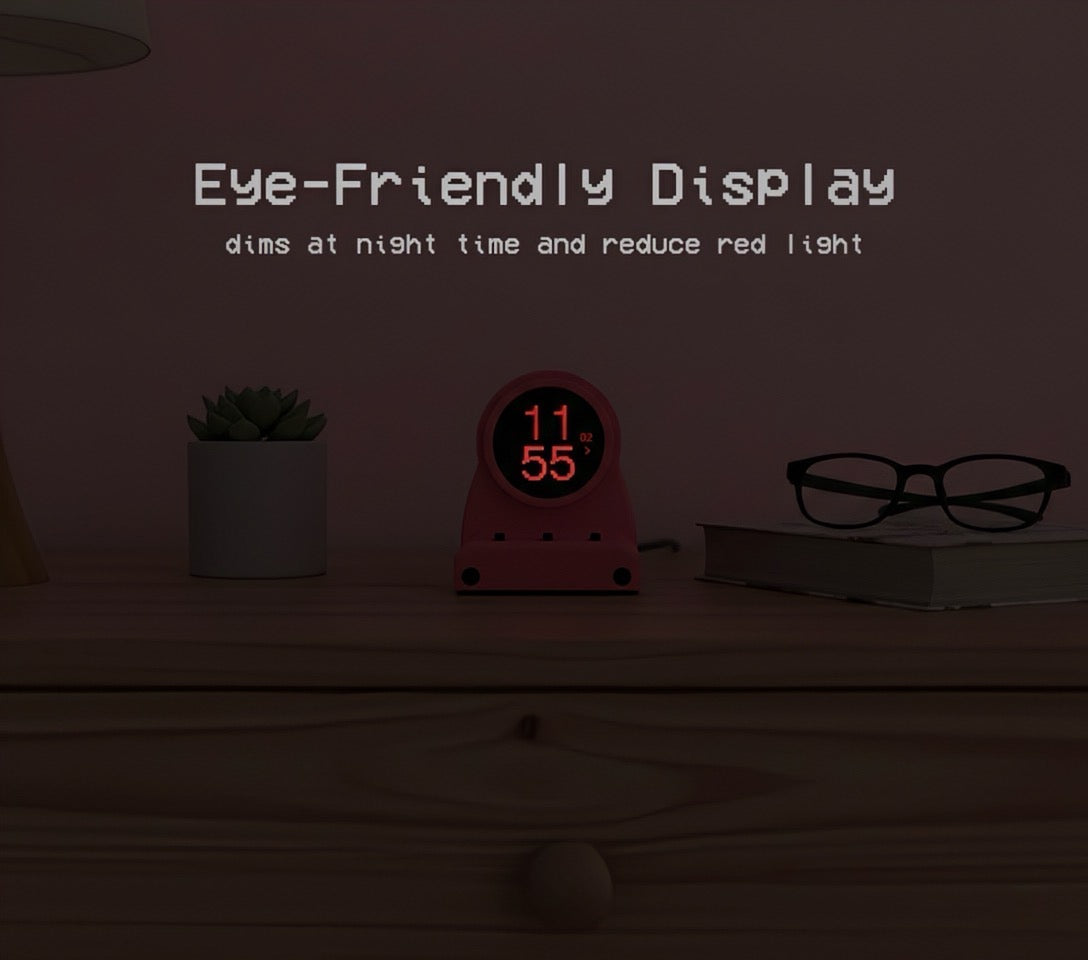 DeskOrbie with 'Eye-Friendly Display' text on a dark background nightstand