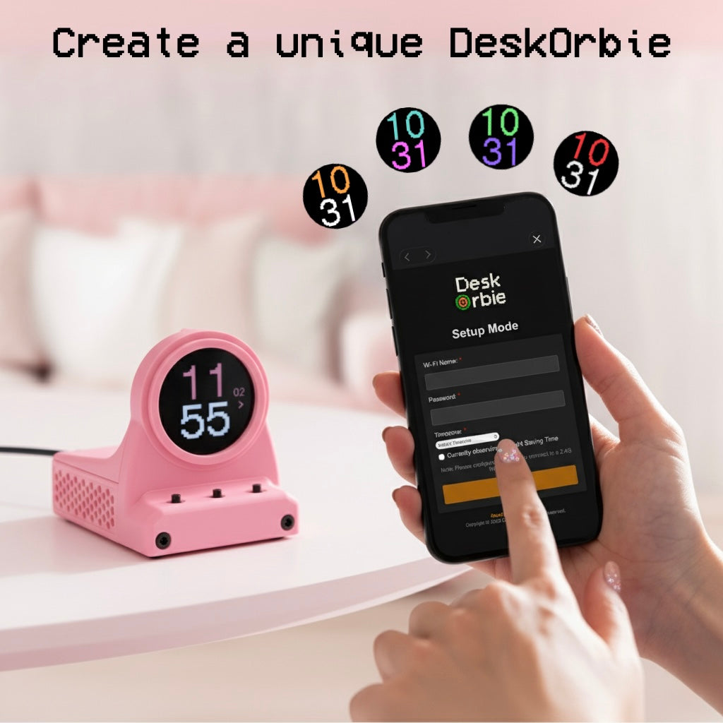 Pink DeskOrbie device with smartphone app setup on a blurred background