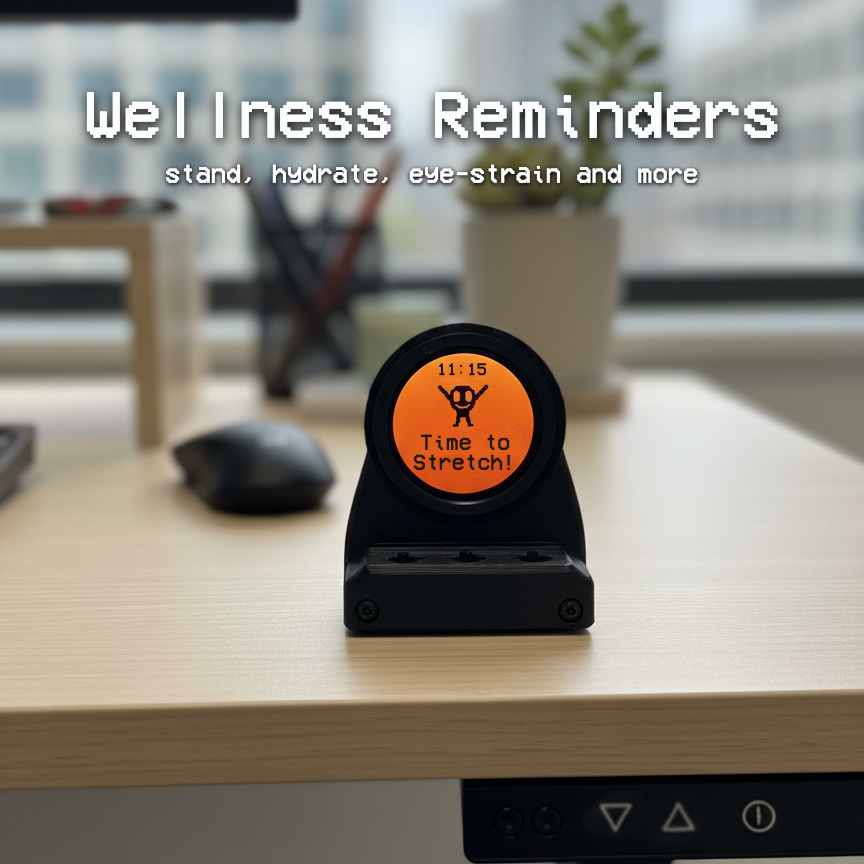 Wellness reminders DeskOrbie on a desk with a blurred office background