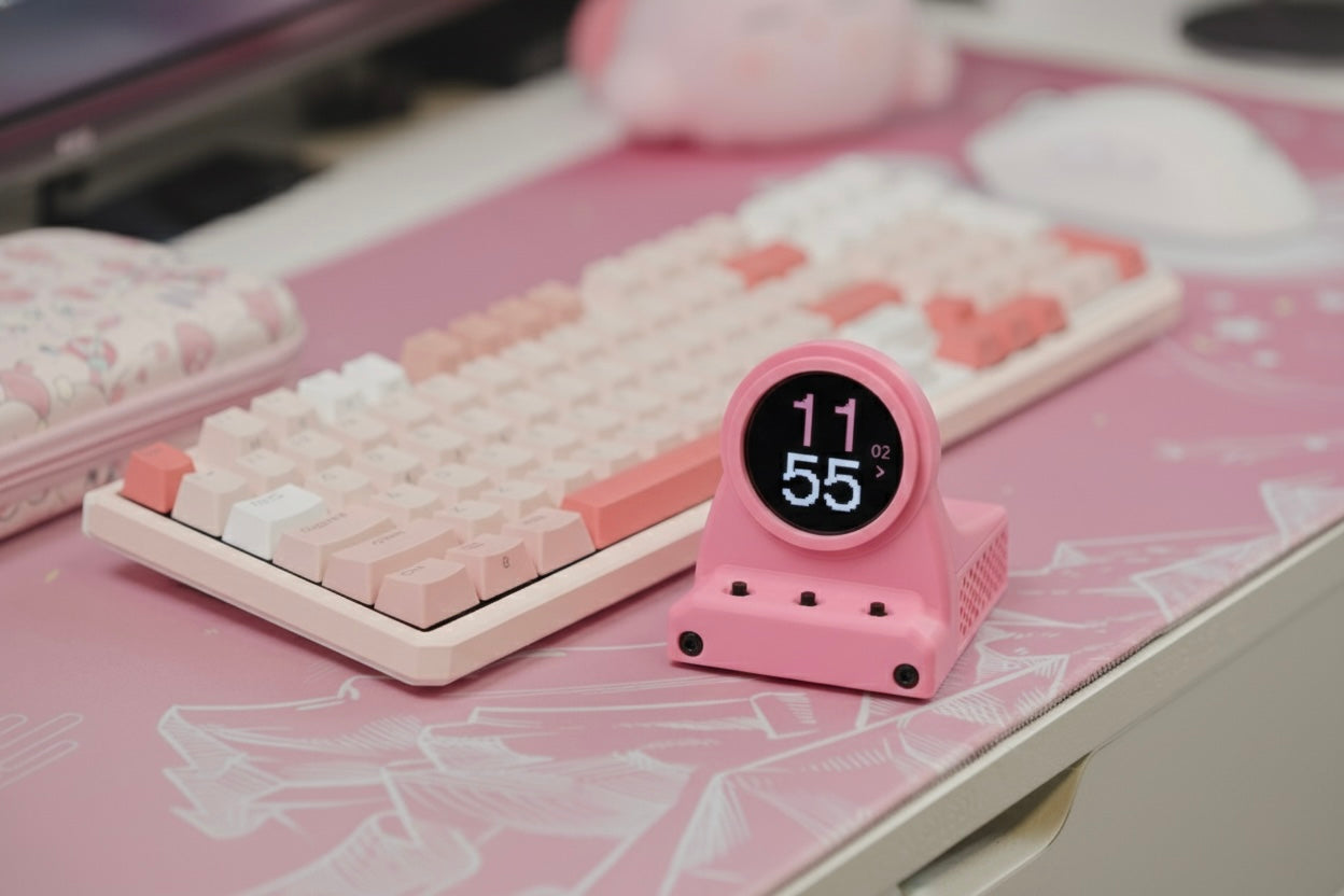 Pink DeskOrbie on a desk with a keyboard in the background