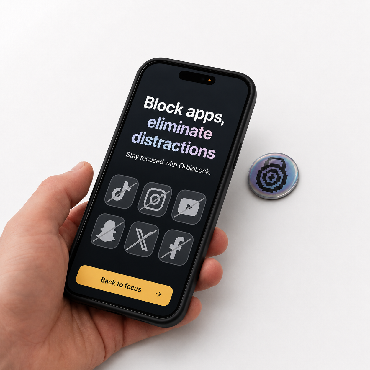 iPhone showing blocked app icons beside the OrbieLock physical tag
