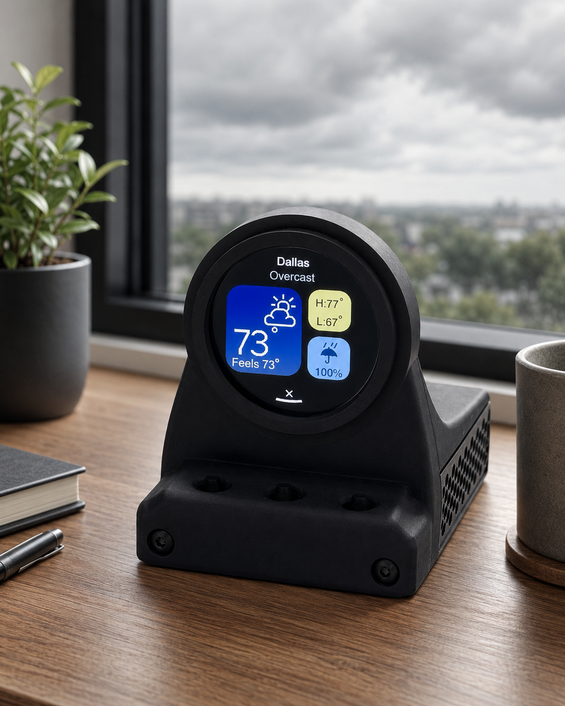 DeskOrbie weather station on a desk with a window view