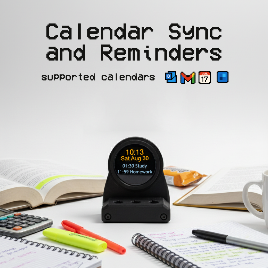 DeskOrbie on a desk with calendar sync and reminders text and icons on a white background