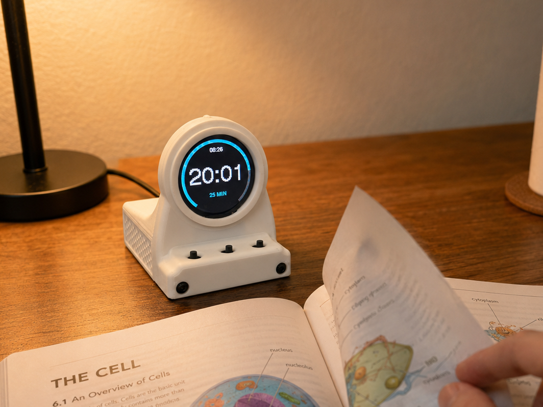 Person reading a book with a DeskOrbie on a table running FocusTimer