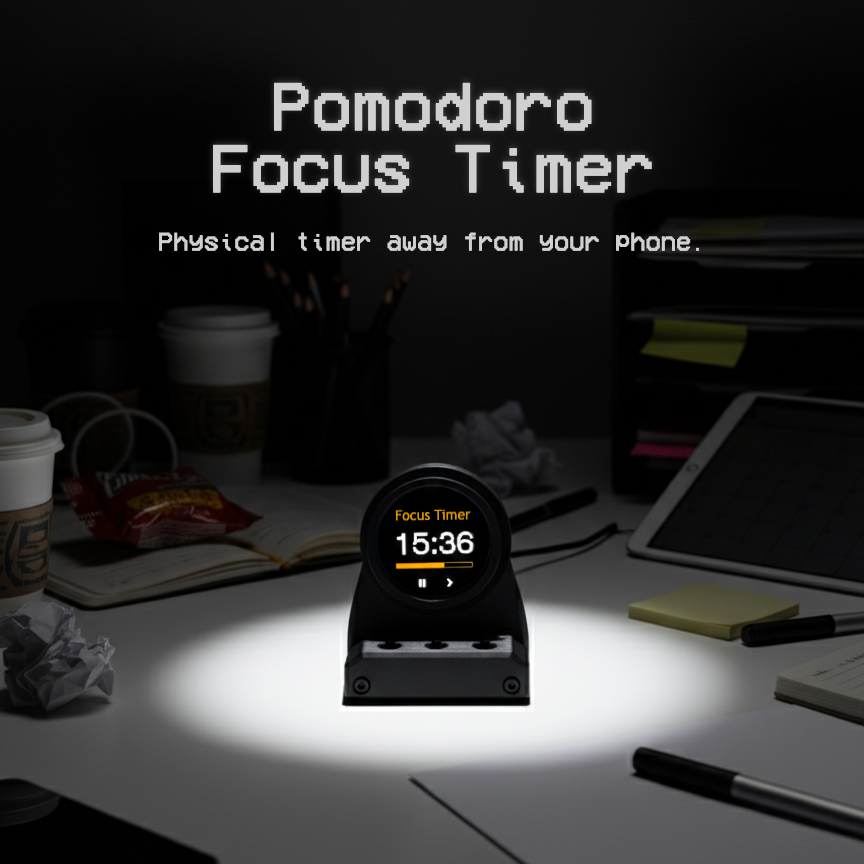 DeskOrbie pomodoro focus timer on a desk with a dark background