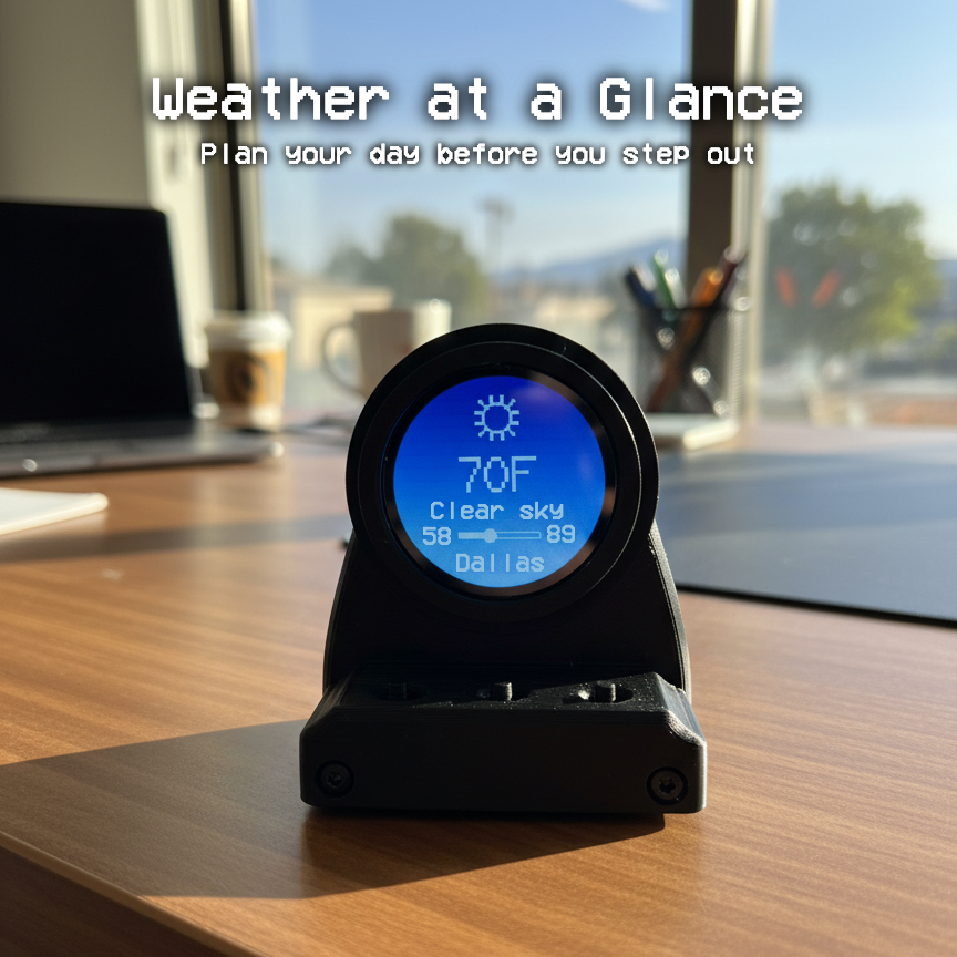 DeskOrbie weather station on a desk with a view of a window.