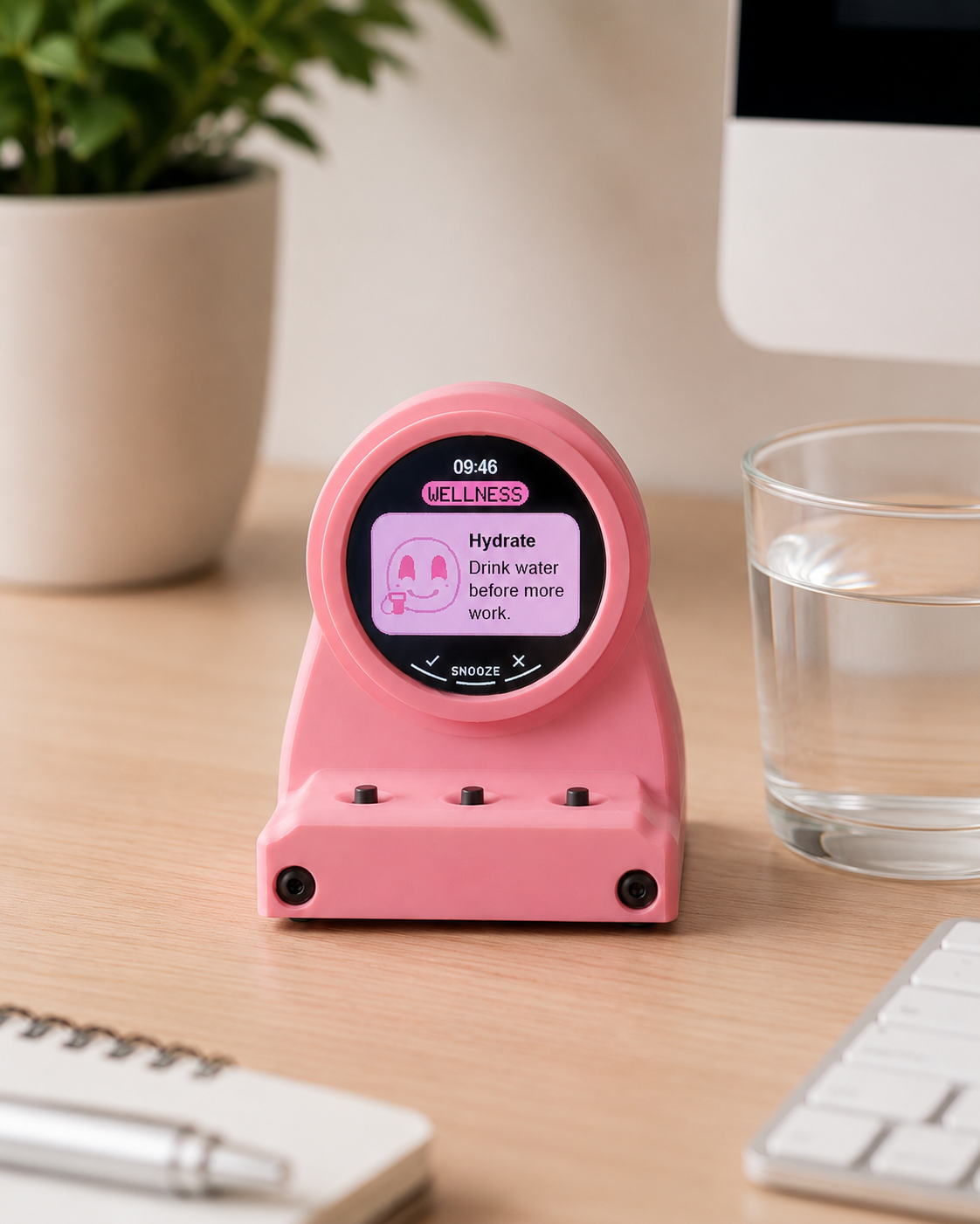 Pink Deskorbie  on a desk with a glass of water and plant in the background showing wellness reminders