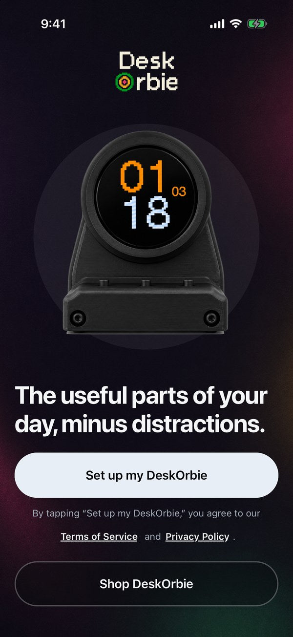 DeskOrbie app welcome screen with the Set up my DeskOrbie button