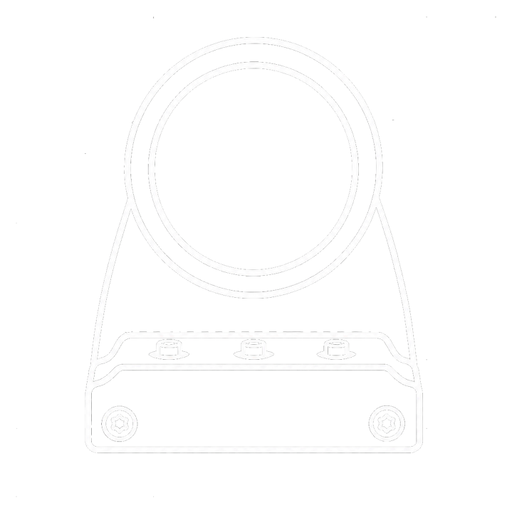 Line drawing of DeskOrbie from the front, with three buttons on top of the base