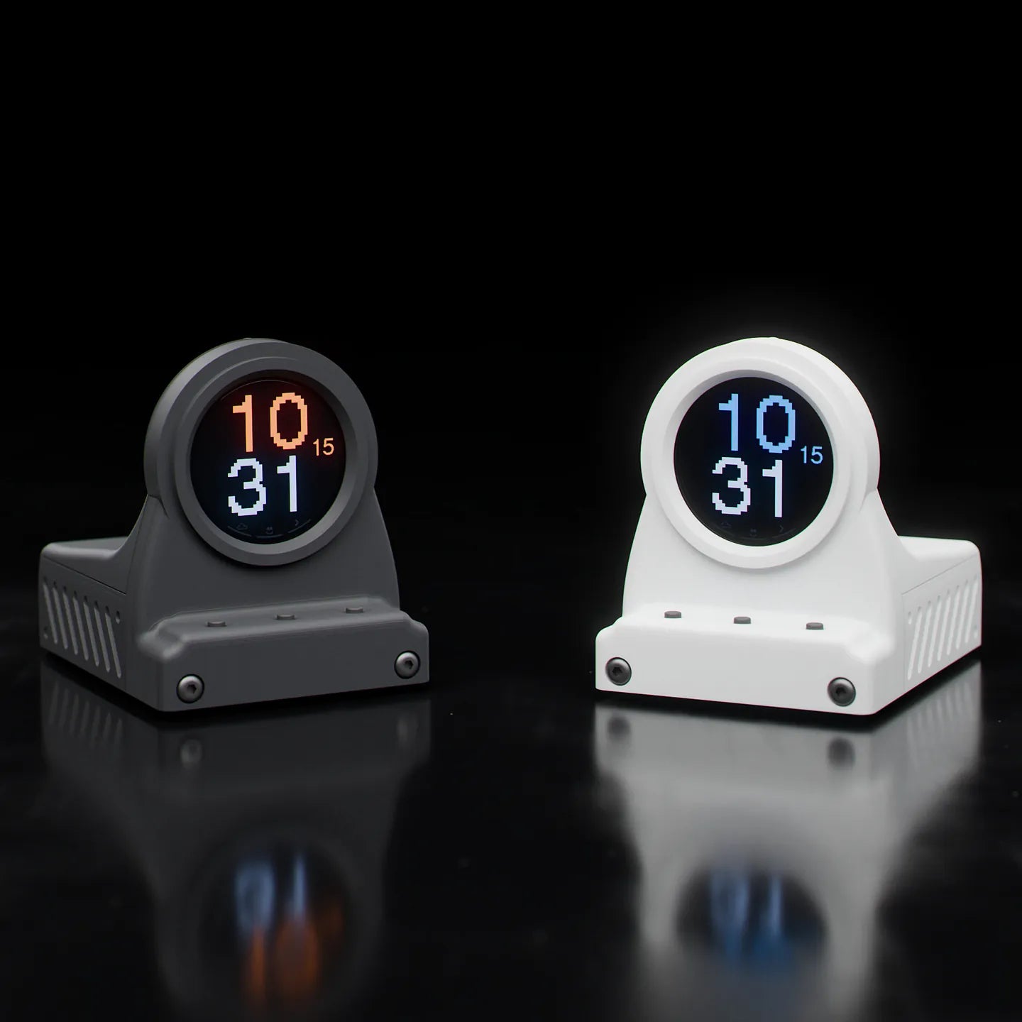 DeskOrbie 2 in Charcoal Black and Frost White, both showing 10:31